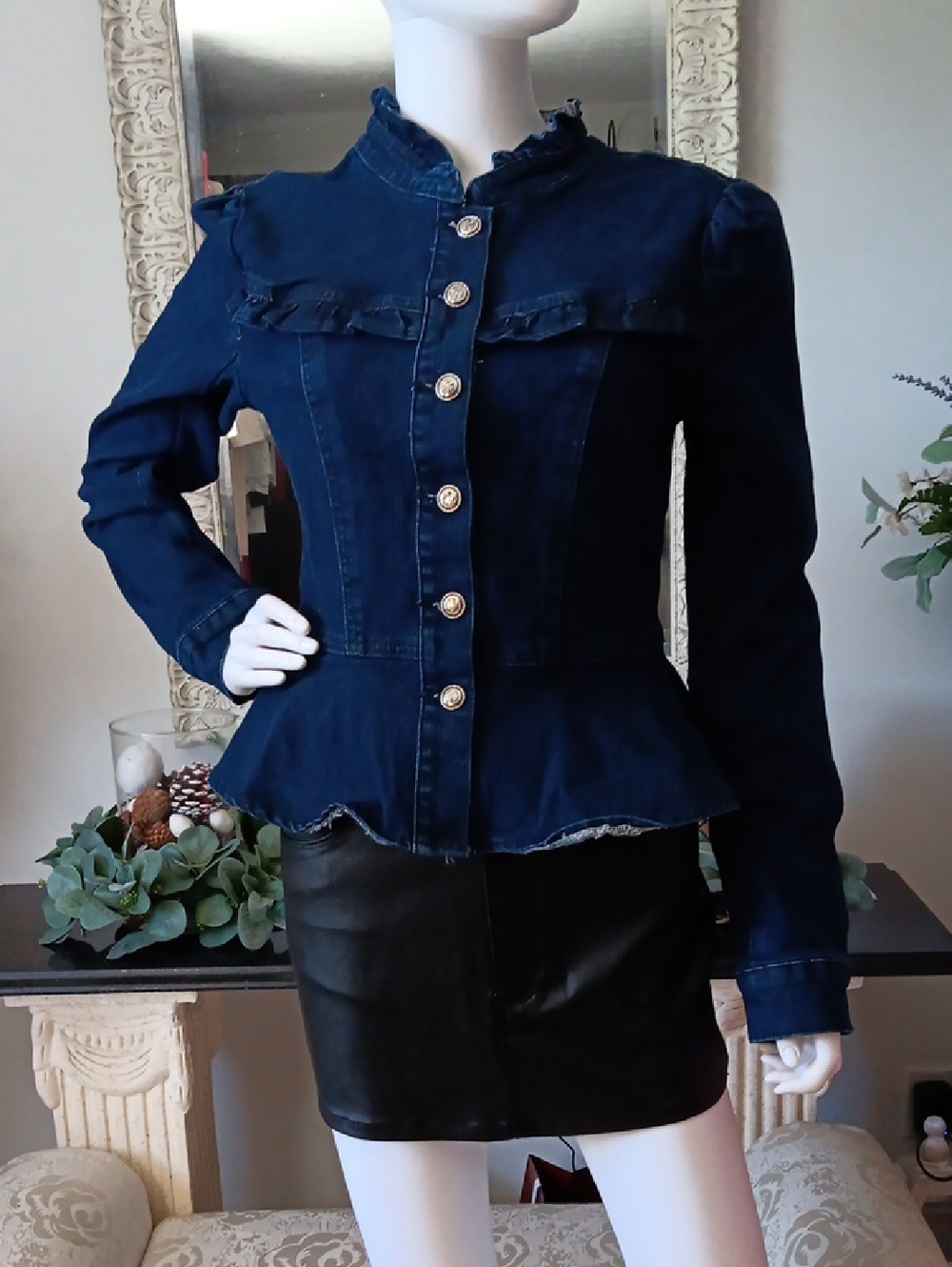 High Society Stretch Dark Blue Denim Peplum Jacket with Silver Buttons